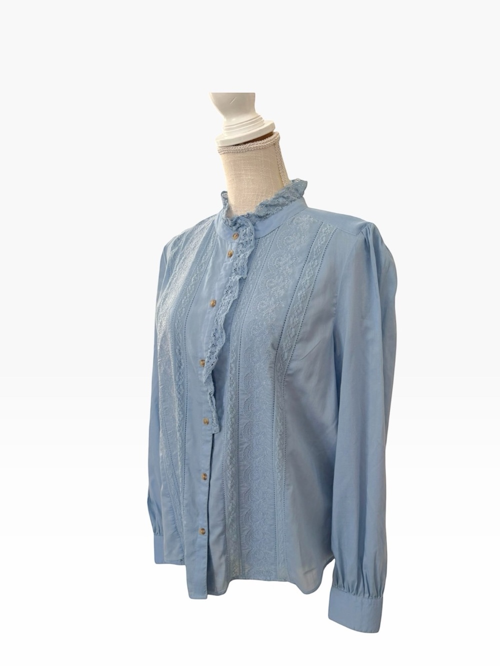 Sézane Chlo Shirt Vintage Blue Lace Ruffle Collar Size 42/10/ M US Cottagecoe - Picture 10 of 14
